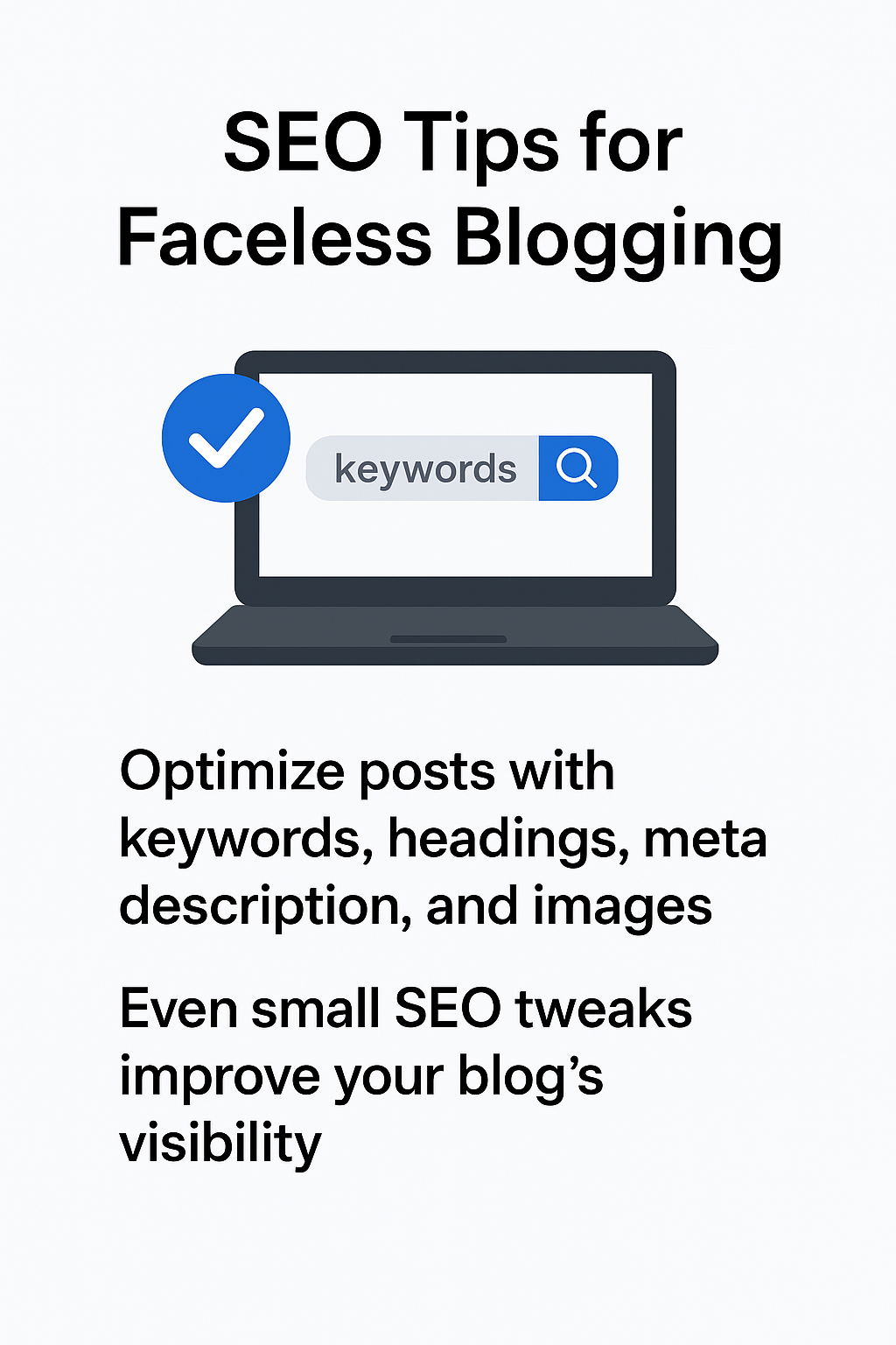 “SEO Tips for Faceless Blogging – Optimize posts with keywords and meta descriptions”