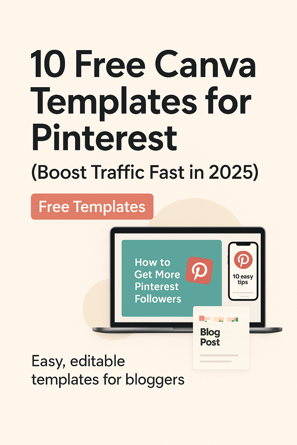 Pinterest-style blog cover showcasing ‘10 Free Canva Templates for Pinterest That Boost Traffic in 2025,’ with modern minimalist design, soft neutral background, and Canva template previews