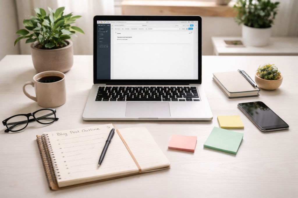 Faceless blogging workspace showing a laptop and notes while writing a first blog post