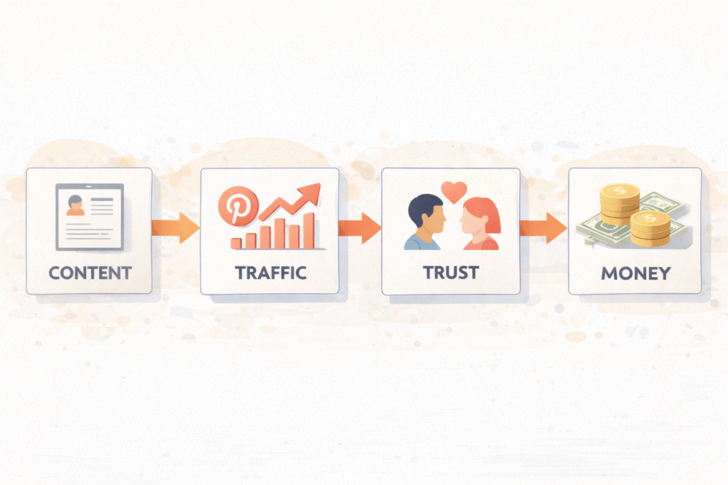 Flowchart showing content to traffic to trust to monetization to scale