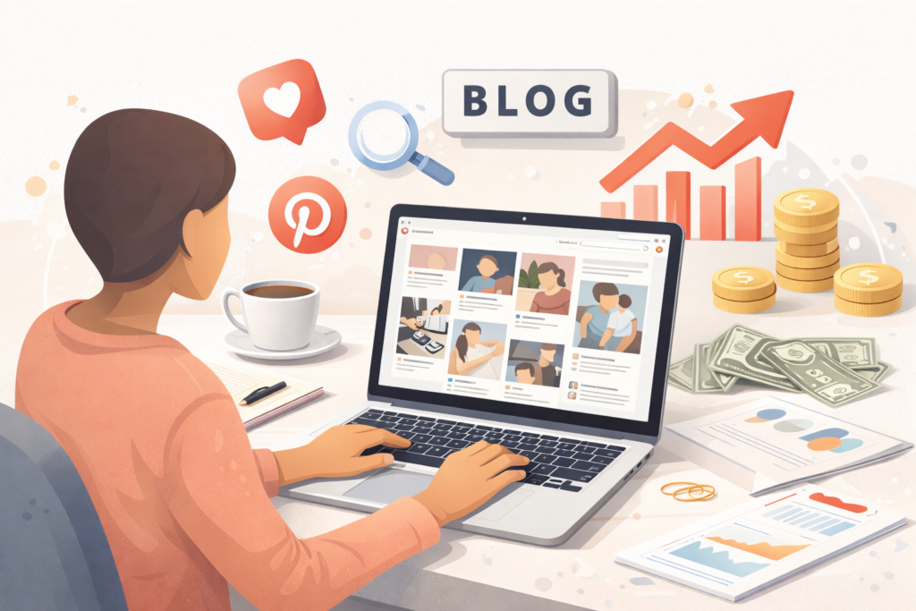 Faceless blogging concept with Pinterest pins, showing a person working on a laptop and traffic growth charts