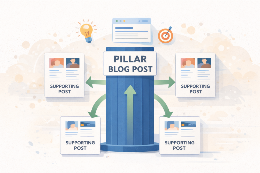 Diagram showing pillar content linked with multiple support blog posts