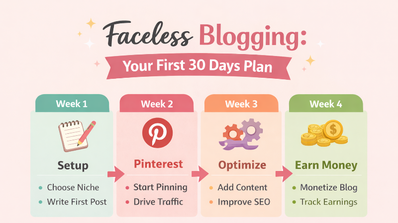 Faceless blogging 30-day roadmap showing setup, Pinterest traffic, optimization, and monetization steps.