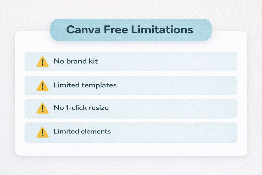 List of Canva Free limitations including no brand kit, limited templates and design restrictions