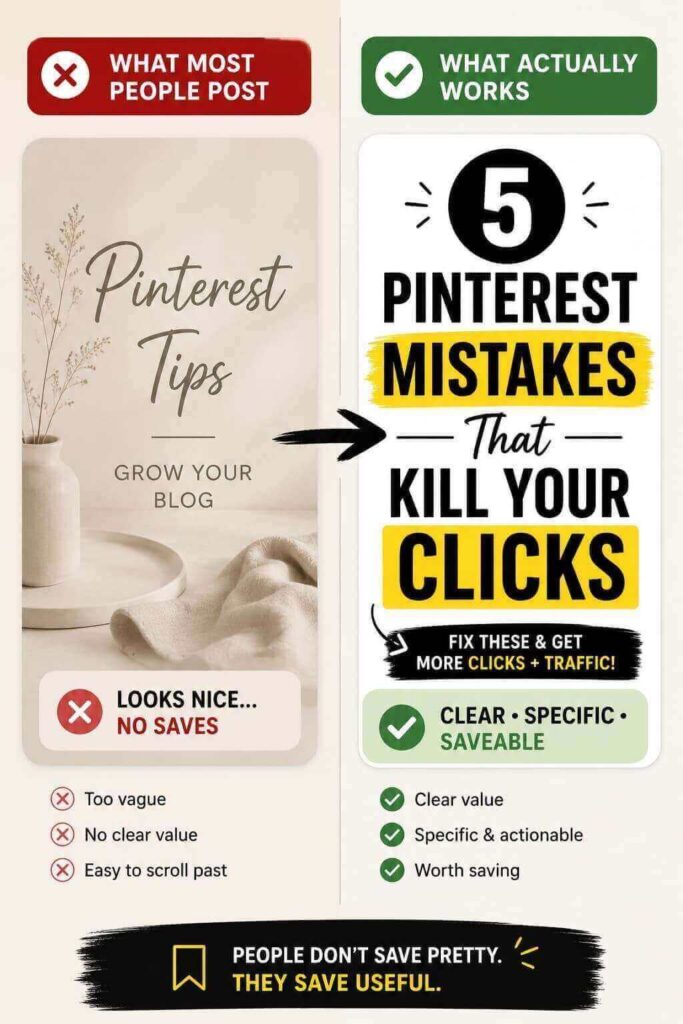 Pinterest pin design comparison showing bad vs good pins for increasing saves and engagement