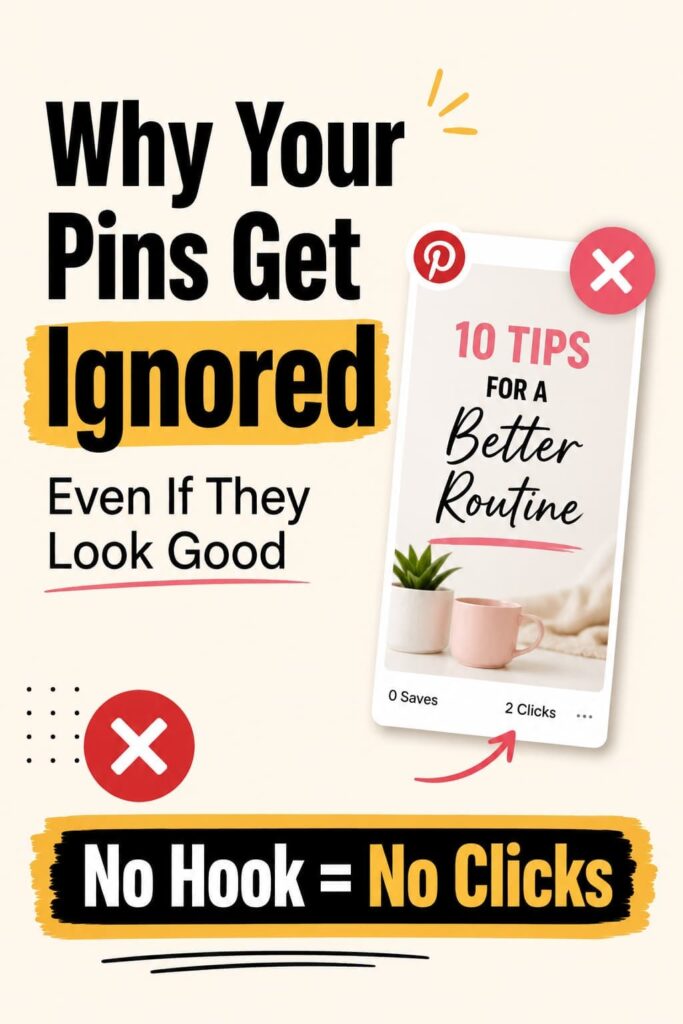 Pinterest pins not getting clicks due to weak hook and low engagement design mistakes